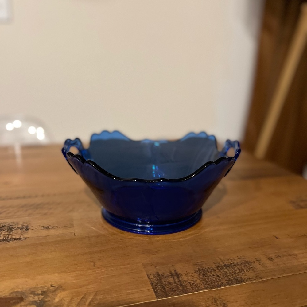 Vintage Blue Glass serving Bowl with handles